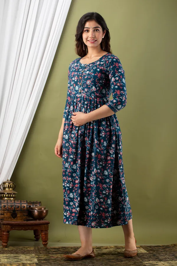 Blue_Maternity_and_Feeding_Gown_for_women_|_Pure_Cotton_Sanganeri_Print_Gown
