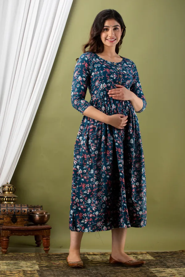 Blue_Maternity_and_Feeding_Gown_for_women_|_Pure_Cotton_Sanganeri_Print_Gown