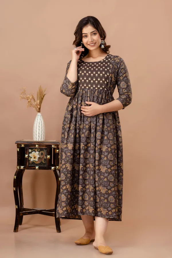 Brown_Maternity_and_Feeding_Gown_for_women_|_Pure_Cotton_Sanganeri_Print_Gown