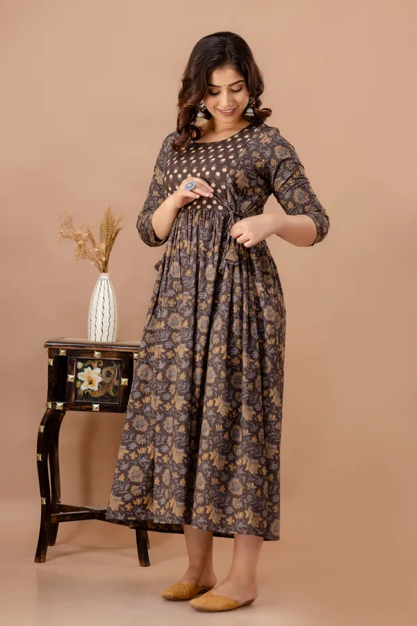 Brown_Maternity_and_Feeding_Gown_for_women_|_Pure_Cotton_Sanganeri_Print_Gown