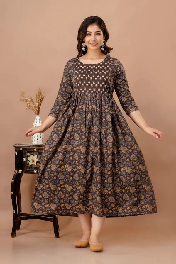 Brown_Maternity_and_Feeding_Gown_for_women_|_Pure_Cotton_Sanganeri_Print_Gown