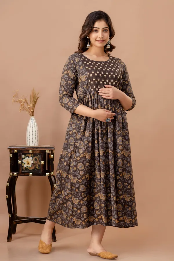 Brown_Maternity_and_Feeding_Gown_for_women_|_Pure_Cotton_Sanganeri_Print_Gown