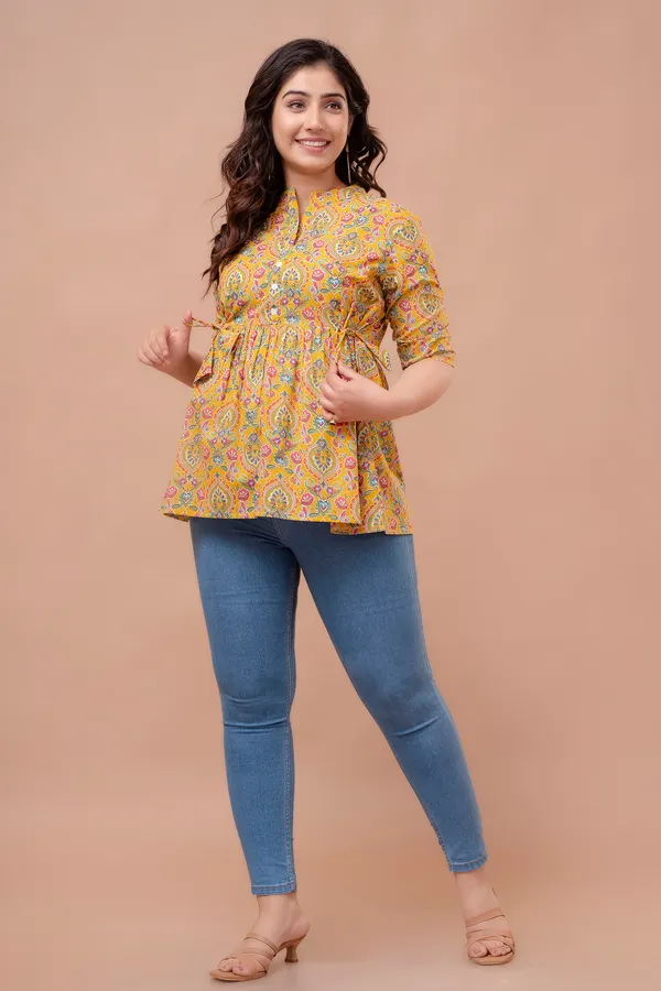 Yellow_Classic_Regular_Fit_Solid_Short_Top_For_Women