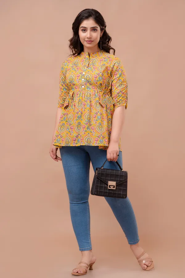Yellow_Classic_Regular_Fit_Solid_Short_Top_For_Women