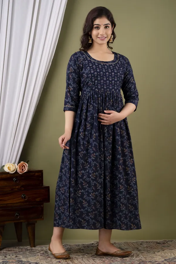 Navy_Blue_Maternity_and_Feeding_Gown_for_women_|_Rayon_Sanganeri_Print_Gown