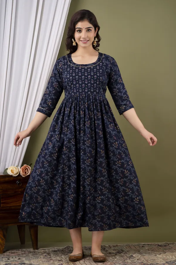 Navy_Blue_Maternity_and_Feeding_Gown_for_women_|_Rayon_Sanganeri_Print_Gown