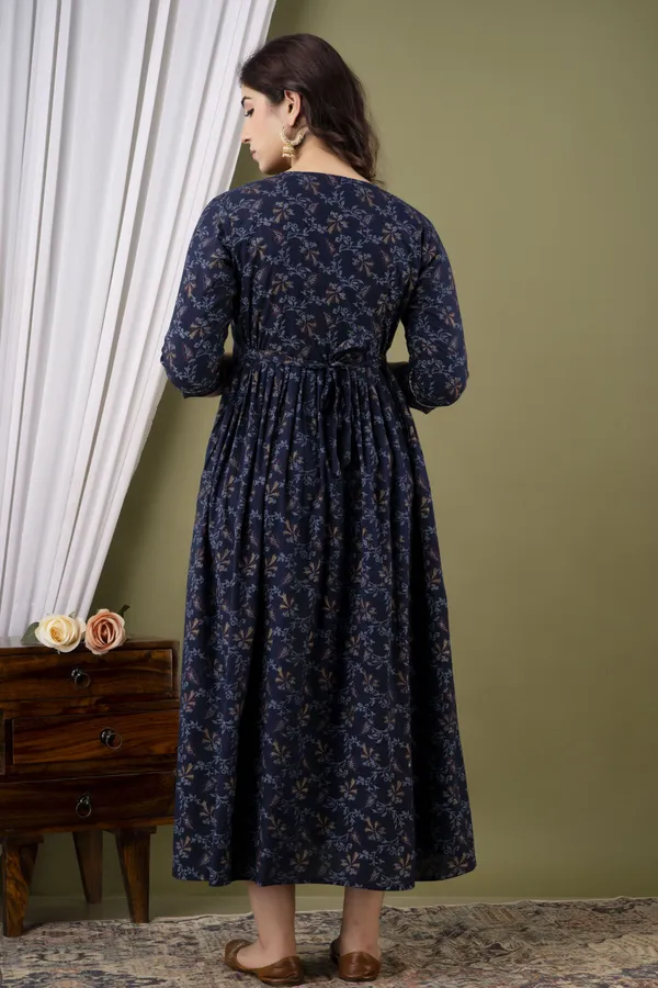 Navy_Blue_Maternity_and_Feeding_Gown_for_women_|_Rayon_Sanganeri_Print_Gown
