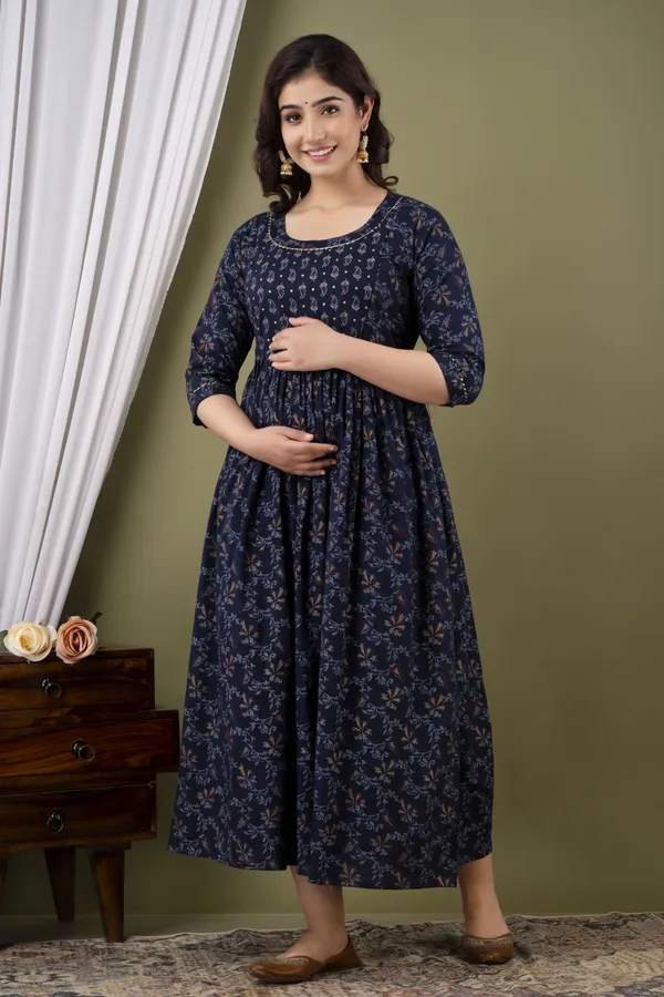 Navy_Blue_Maternity_and_Feeding_Gown_for_women_|_Rayon_Sanganeri_Print_Gown