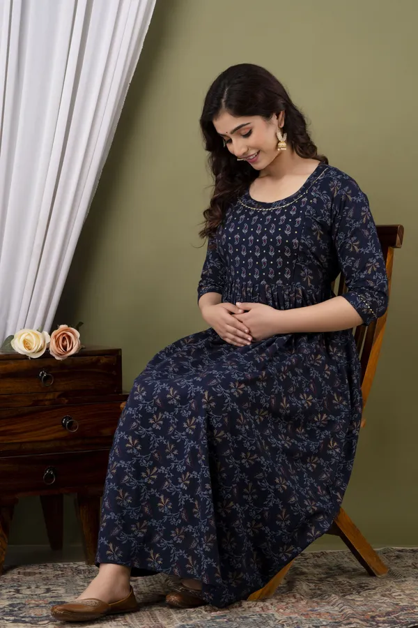 Navy_Blue_Maternity_and_Feeding_Gown_for_women_|_Rayon_Sanganeri_Print_Gown