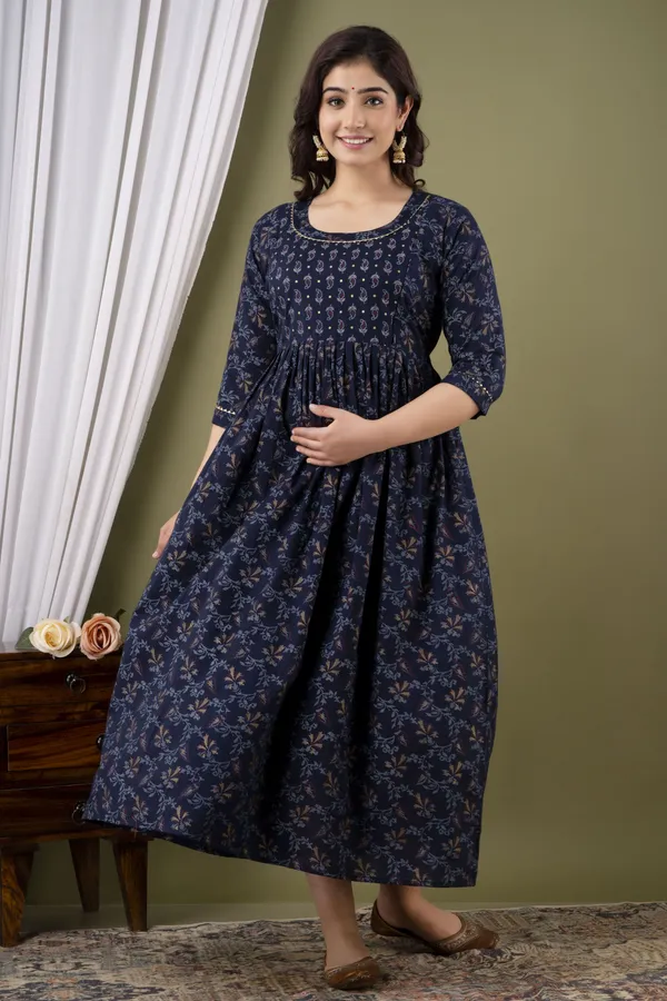 Navy_Blue_Maternity_and_Feeding_Gown_for_women_|_Rayon_Sanganeri_Print_Gown