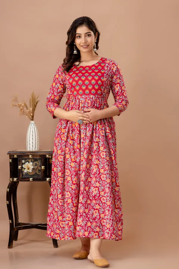 Red_Maternity_and_Feeding_Gown_for_women_|_Pure_Cotton_Sanganeri_Print_Gown