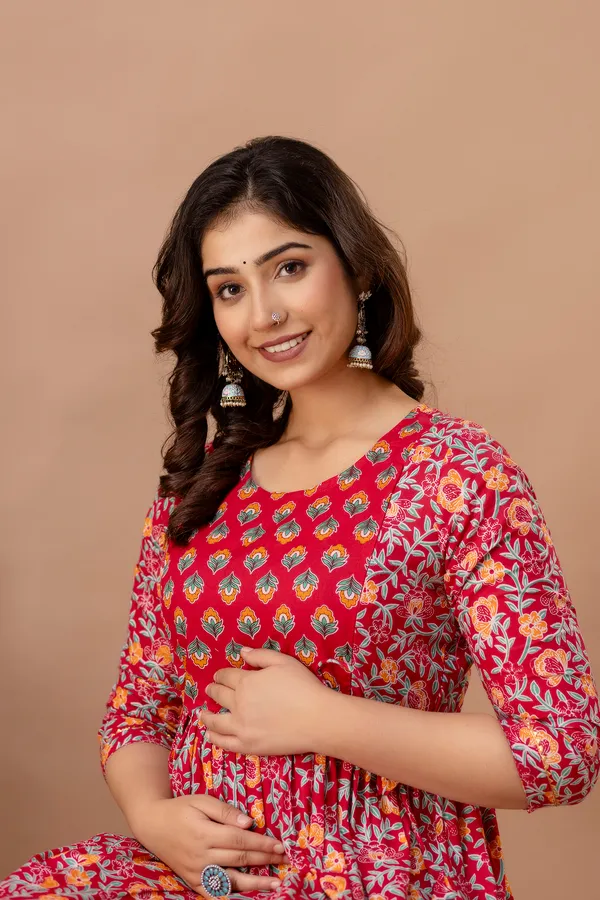 Red_Maternity_and_Feeding_Gown_for_women_|_Pure_Cotton_Sanganeri_Print_Gown