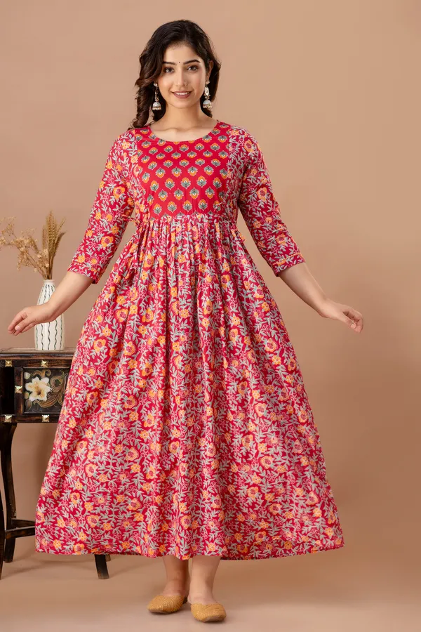 Red_Maternity_and_Feeding_Gown_for_women_|_Pure_Cotton_Sanganeri_Print_Gown