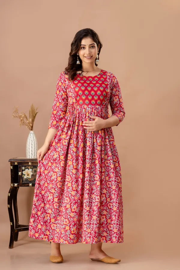 Red_Maternity_and_Feeding_Gown_for_women_|_Pure_Cotton_Sanganeri_Print_Gown