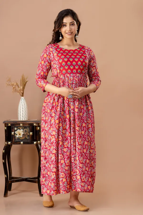 Red_Maternity_and_Feeding_Gown_for_women_|_Pure_Cotton_Sanganeri_Print_Gown