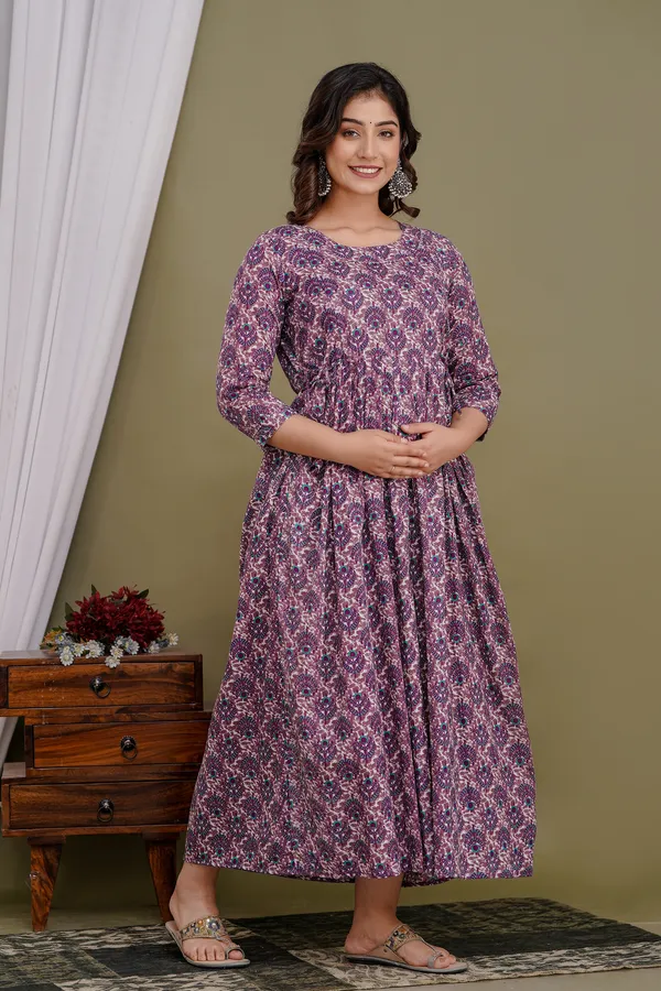 BROWN_Maternity_and_Feeding_Gown_for_women_|_Pure_Cotton_Sanganeri_Print_Gown