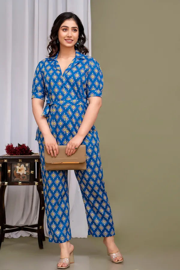 Blue_Printed_Regular_Fit_Solid_Cotton_Co-Ords_Set_For_Women