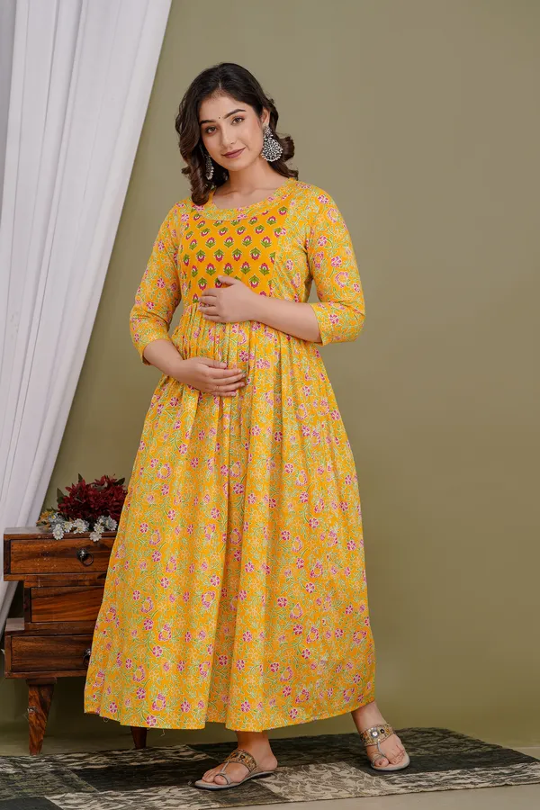 Yellow_Maternity_and_Feeding_Gown_for_women_|_Pure_Cotton_Sanganeri_Print_Gown