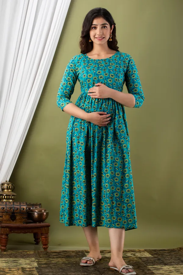 Blue_Maternity_and_Feeding_Gown_for_women_|_Pure_Cotton_Sanganeri_Print_Gown