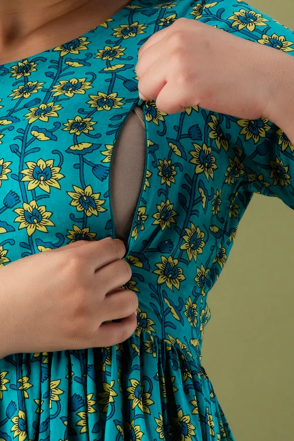 Blue_Maternity_and_Feeding_Gown_for_women_|_Pure_Cotton_Sanganeri_Print_Gown