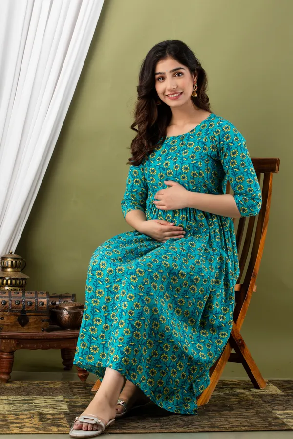 Blue_Maternity_and_Feeding_Gown_for_women_|_Pure_Cotton_Sanganeri_Print_Gown