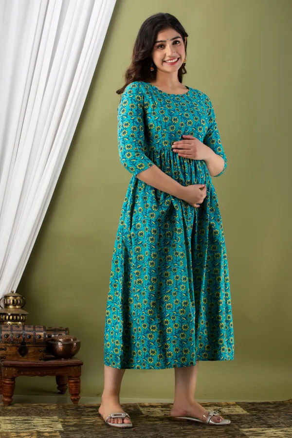 Blue_Maternity_and_Feeding_Gown_for_women_|_Pure_Cotton_Sanganeri_Print_Gown