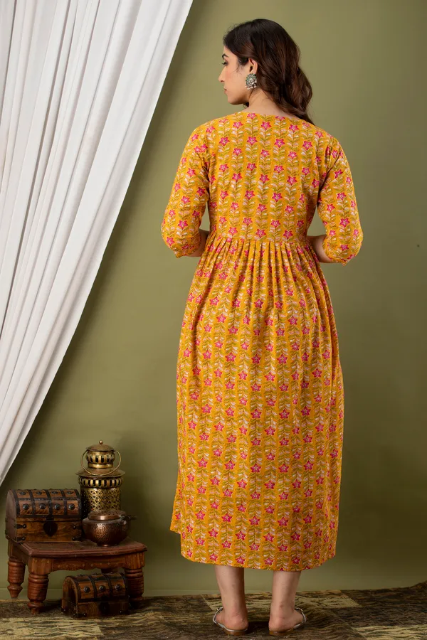 Yellow_Maternity_and_Feeding_Gown_for_women_|_Pure_Cotton_Sanganeri_Print_Gown