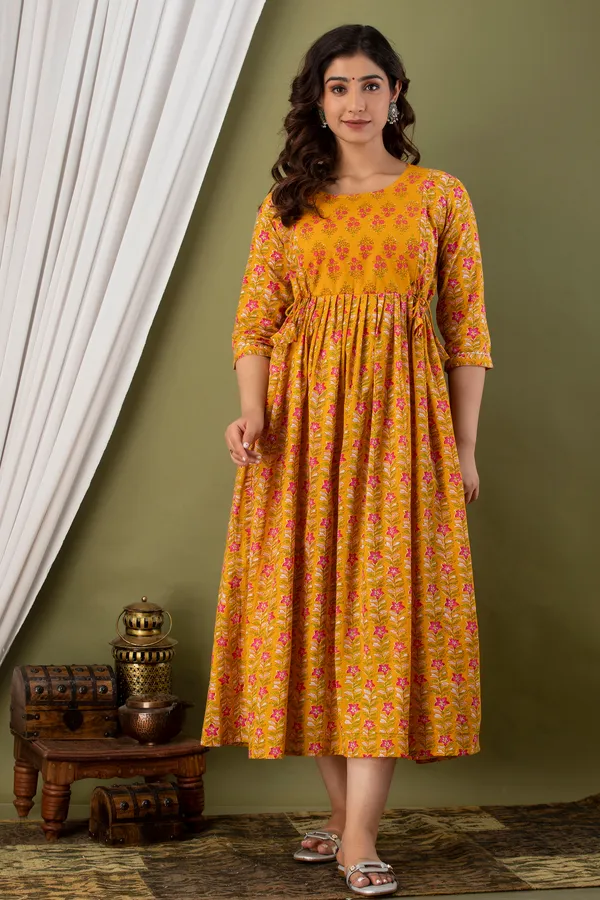 Yellow_Maternity_and_Feeding_Gown_for_women_|_Pure_Cotton_Sanganeri_Print_Gown