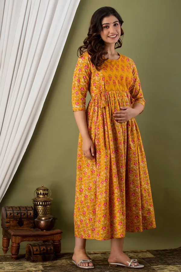 Yellow_Maternity_and_Feeding_Gown_for_women_|_Pure_Cotton_Sanganeri_Print_Gown