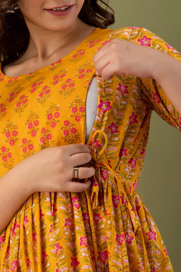 Yellow_Maternity_and_Feeding_Gown_for_women_|_Pure_Cotton_Sanganeri_Print_Gown