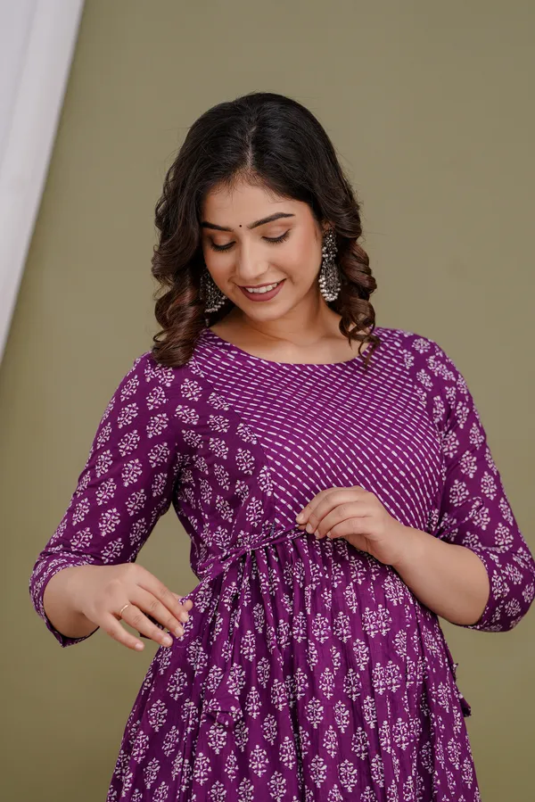 Purple_Maternity_and_Feeding_Gown_for_women_|_Pure_Cotton_Sanganeri_Print_Gown