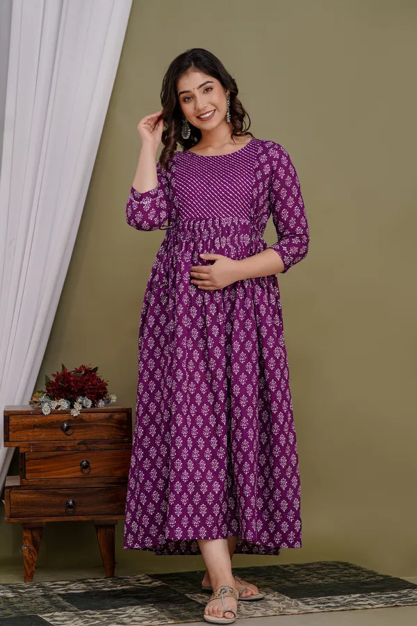 Purple_Maternity_and_Feeding_Gown_for_women_|_Pure_Cotton_Sanganeri_Print_Gown