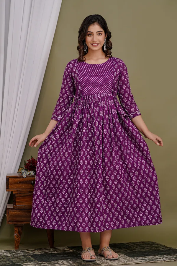 Purple_Maternity_and_Feeding_Gown_for_women_|_Pure_Cotton_Sanganeri_Print_Gown