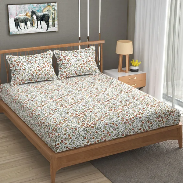 DHAANYA_ELASTIC_FITTED_DOUBLE_BED_SUPER_SOFT_GLACE_COTTON_SET_OF_3_(1_BEDSHEET,_2_PILLOW_COVERS)_OSCAR-_FRESH_GARDEN_PRINT-_BOUQUET
