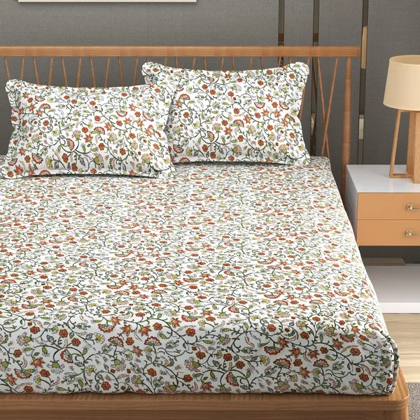 DHAANYA_ELASTIC_FITTED_DOUBLE_BED_SUPER_SOFT_GLACE_COTTON_SET_OF_3_(1_BEDSHEET,_2_PILLOW_COVERS)_OSCAR-_FRESH_GARDEN_PRINT-_BOUQUET
