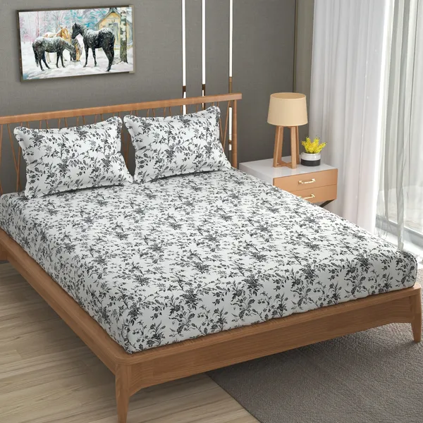 DHAANYA_ELASTIC_FITTED_DOUBLE_BED_SUPER_SOFT_GLACE_COTTON_SET_OF_3_(1_BEDSHEET,_2_PILLOW_COVERS)_OSCAR-_FRESH_GARDEN_PRINTS-_GREY_DRIED