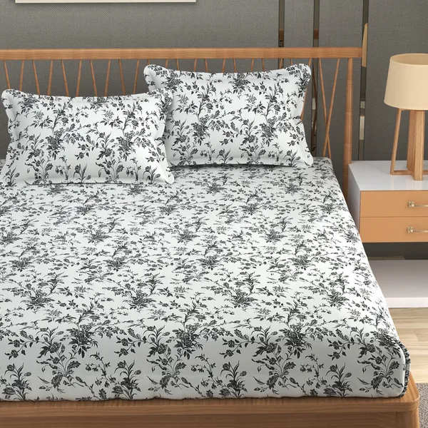 DHAANYA_ELASTIC_FITTED_DOUBLE_BED_SUPER_SOFT_GLACE_COTTON_SET_OF_3_(1_BEDSHEET,_2_PILLOW_COVERS)_OSCAR-_FRESH_GARDEN_PRINTS-_GREY_DRIED