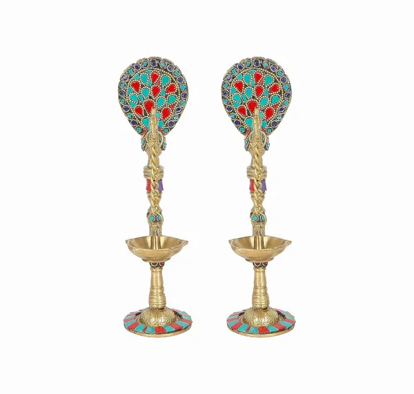 Golden,_Green_&_Red_Handcrafted_Superfine_Brass_Oil_Lamp_Peacocks_With_Tone_Light_Holders_(7_X_12_X_22_Cm)