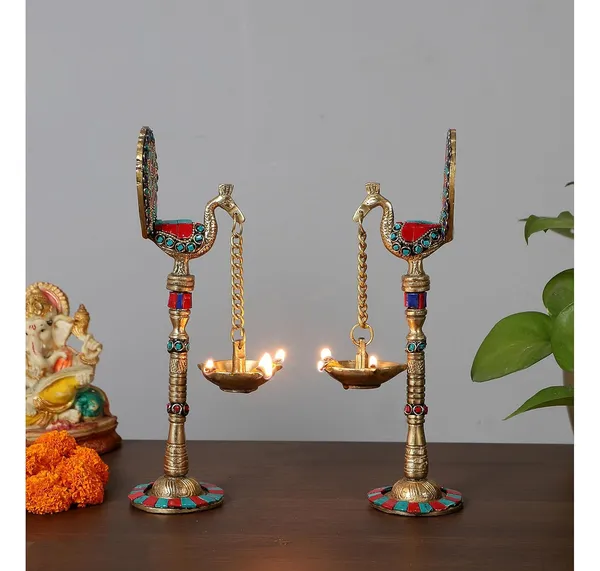 Golden,_Green_&_Red_Handcrafted_Superfine_Brass_Oil_Lamp_Peacocks_With_Tone_Light_Holders_(7_X_12_X_22_Cm)
