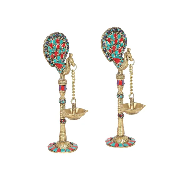 Golden,_Green_&_Red_Handcrafted_Superfine_Brass_Oil_Lamp_Peacocks_With_Tone_Light_Holders_(7_X_12_X_22_Cm)