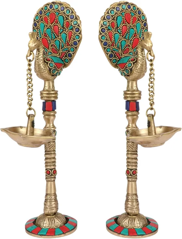 Golden,_Green_&_Red_Handcrafted_Superfine_Brass_Oil_Lamp_Peacocks_With_Tone_Light_Holders_(7_X_12_X_22_Cm)