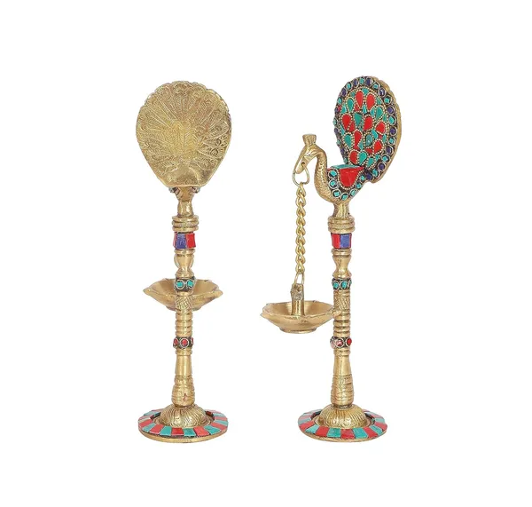Golden,_Green_&_Red_Handcrafted_Superfine_Brass_Oil_Lamp_Peacocks_With_Tone_Light_Holders_(7_X_12_X_22_Cm)