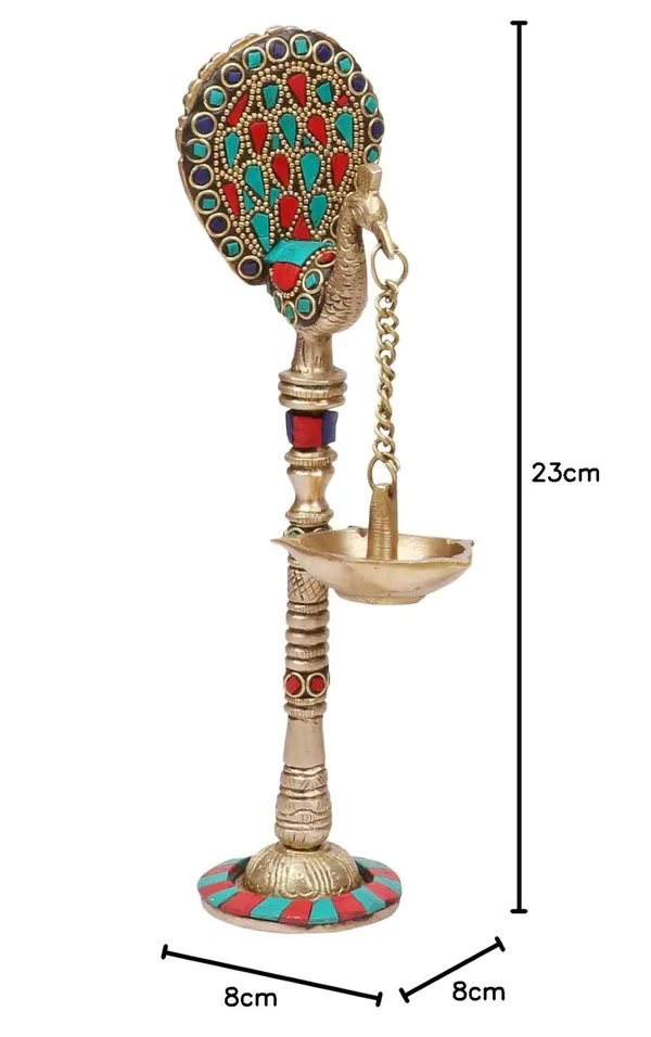Golden,_Green_&_Red_Handcrafted_Superfine_Brass_Oil_Lamp_Peacocks_With_Tone_Light_Holders_(7_X_12_X_22_Cm)