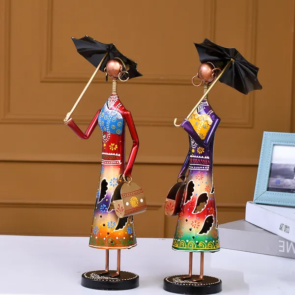 Multicolor_Handcrafted_Lady_Dolls_Pair_Of_Iron_Figurines_Holding_Umbrellas_In_Standing_Posture_(42_X_10_X_20_Cm)