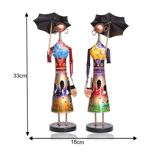 Multicolor_Handcrafted_Lady_Dolls_Pair_Of_Iron_Figurines_Holding_Umbrellas_In_Standing_Posture_(42_X_10_X_20_Cm)