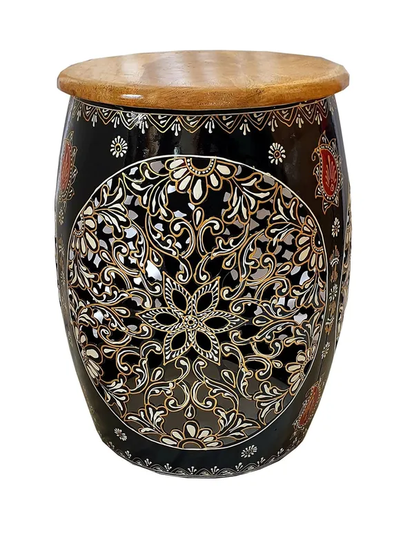 Black_Mandala_Handpainted_Metal_Round_Barrel_Shaped_Stool_With_Mango_Wood_Top_(30_X_30_X_47_Cm)