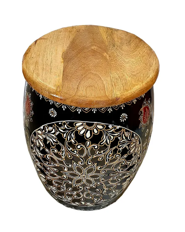 Black_Mandala_Handpainted_Metal_Round_Barrel_Shaped_Stool_With_Mango_Wood_Top_(30_X_30_X_47_Cm)