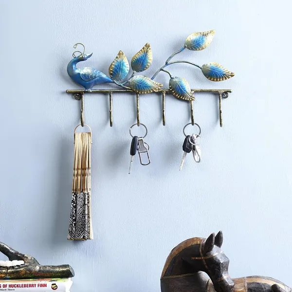 Sky_Blue_&_Golden_Alluring_Back_Looking_Peacock_Key_Holder_With_Large_Leaves_(32_X_20_X_5_Cm)