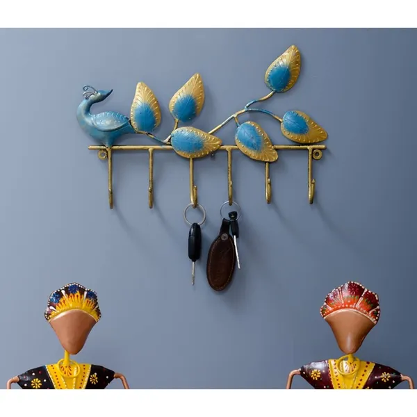 Sky_Blue_&_Golden_Alluring_Back_Looking_Peacock_Key_Holder_With_Large_Leaves_(32_X_20_X_5_Cm)