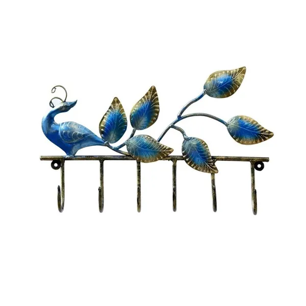 Sky_Blue_&_Golden_Alluring_Back_Looking_Peacock_Key_Holder_With_Large_Leaves_(32_X_20_X_5_Cm)